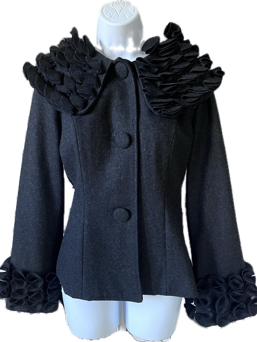Radzoli Wool Blend Ruffled Collar and Cuff Accents Fitted Coat/Jacket
